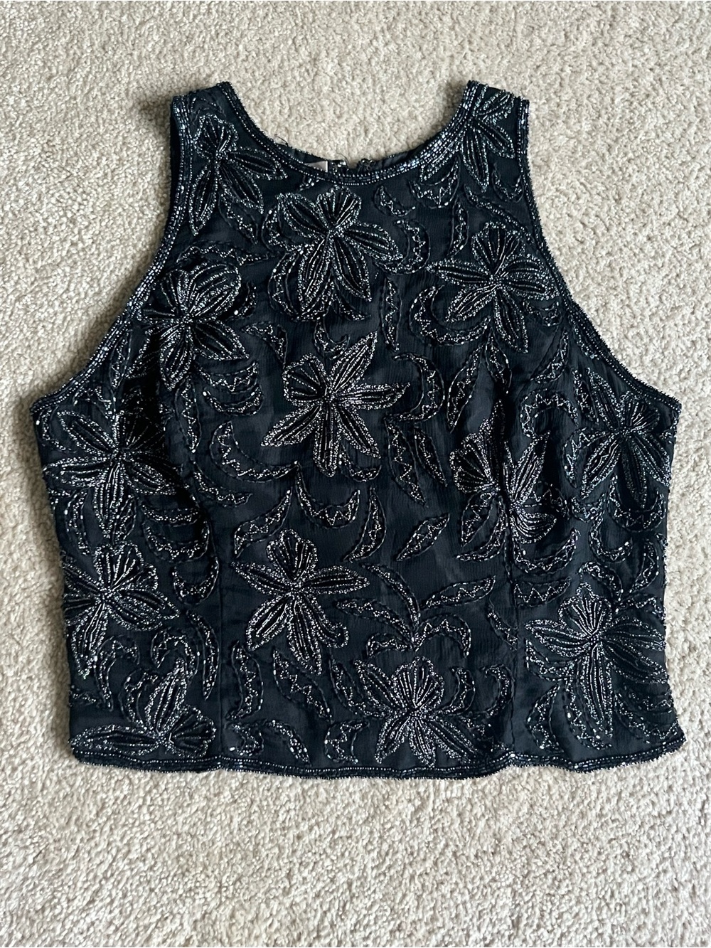Laurence Kazar Black Beaded Floral Tank Top